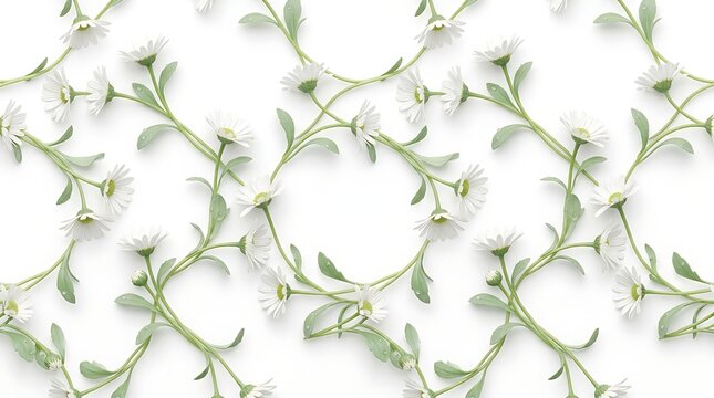 Seamless white daisy floral pattern with green leaves on white