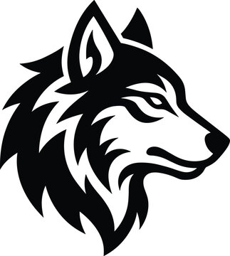 Stylized wolf head profile in black and white. Stylized black and white profile of a wolf head