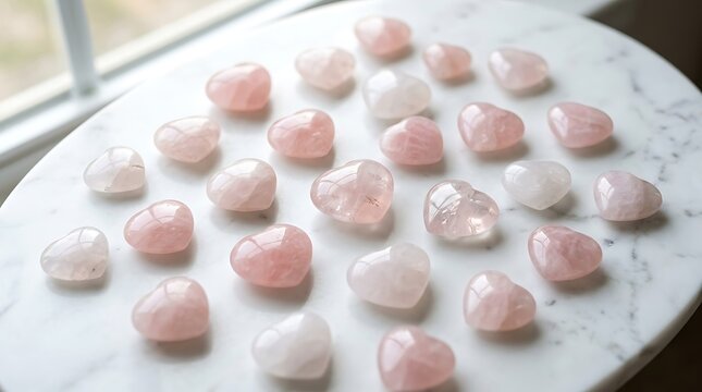 Heart shaped rose quartz crystals on a white marble tray
