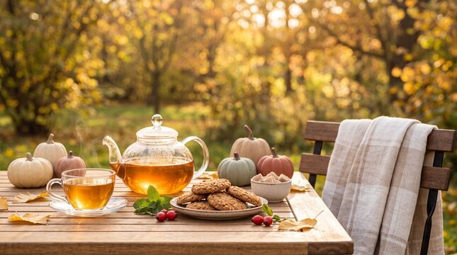Warm autumn tea setup with glass teapot, cup, cookie, pumpkin decor and blanket on wooden table in a sunny garden, cozy fall lifestyle concept.
