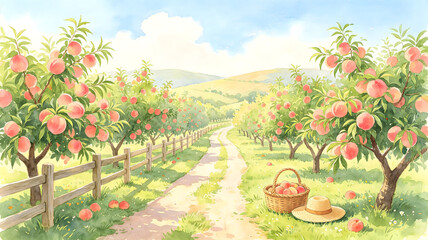 Obraz premium Countryside peach orchard summer harvest illustration background