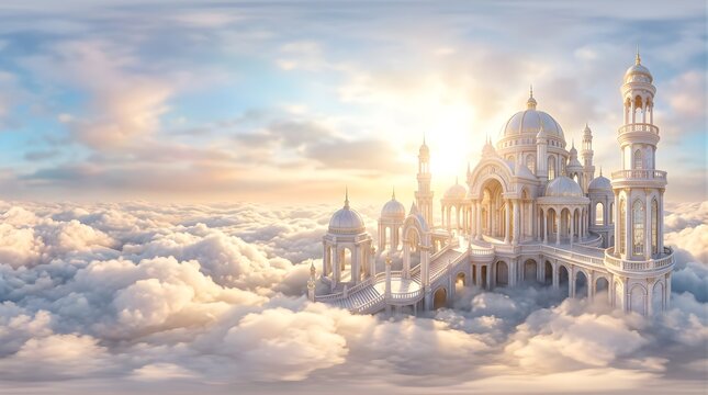 Fantasy palace floating above the clouds at sunset with golden light