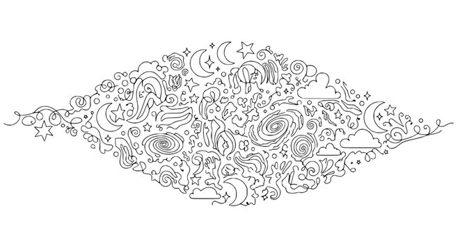 Whimsical Celestial Doodle Pattern: Stars, Moon, Clouds, Galaxies, Swirls - Line Art