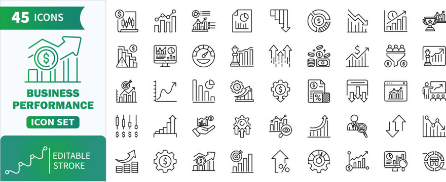 Business performance line icon set with editable stroke. Set of line icons set featuring graphs, charts, and financial indicators for data analysis and strategy