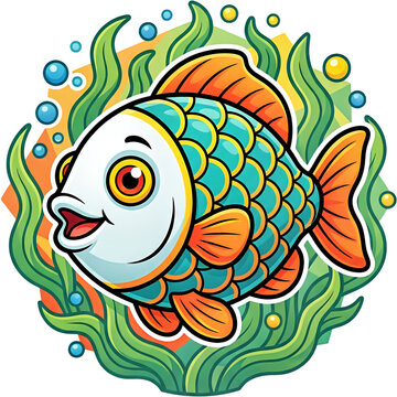 Cute Cartoon Fish: An adorable, smiling cartoon fish with bright orange fins and turquoise scales swims cheerfully amongst vibrant green seaweed and floating bubbles.
