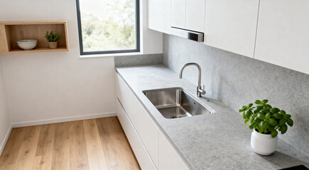 Fototapeta premium Modern Minimalist Kitchen Interior with Concrete Countertop Stainless Steel Sink and White Cabinets