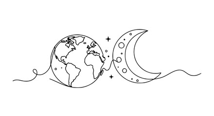 Continuous Line Art: Earth and Crescent Moon with Stars © Jajang