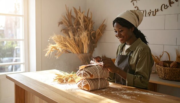 Baker wrapping fresh bread loaf with twine in sunlit kitchen.