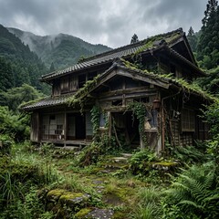 Fototapeta premium Abandoned traditional Japanese wooden house overgrown with moss