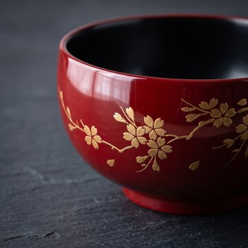 Traditional Japanese red lacquerware bowl with gold detail