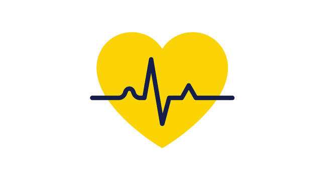 Heartbeat pulse ekg icon featuring a yellow heart and navy lifeline in minimalist flat vector for cardiology medical services