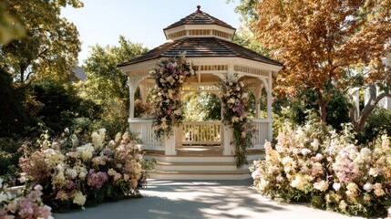 Fototapeta premium Gazebo Adorned with Flowers in a Lush Garden Setting Featuring Outdoor, Structure, White with Floral and Decoration Elements