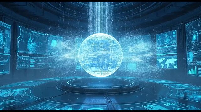 Glowing digital data sphere floating in a futuristic control room with holographic screens and falling blue particle motion video footage