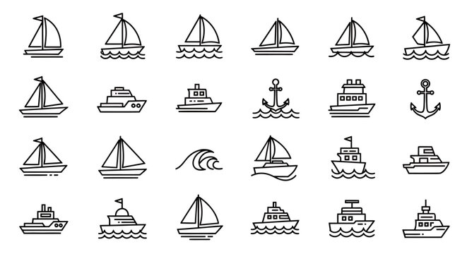 Collection of various sailboats, yachts, and ships icons in outline style and nautical motifs.