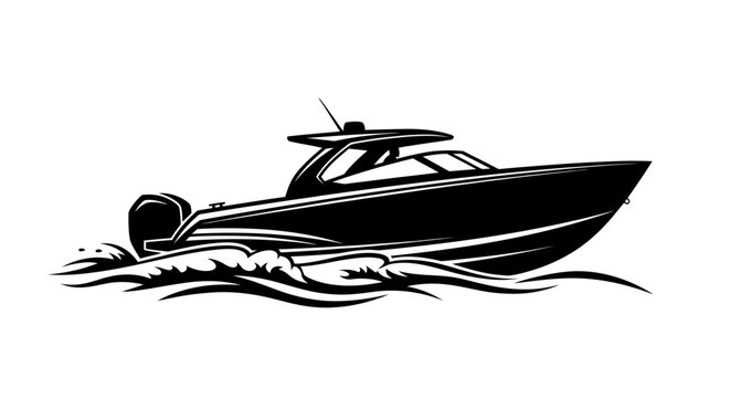 Silhouette speedboat slicing through waves at sea with sleek wake and exposed deck and cockpit in motion.