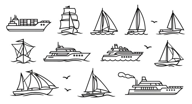 Collection of various sailing ships and boats on drawn nautical scene.