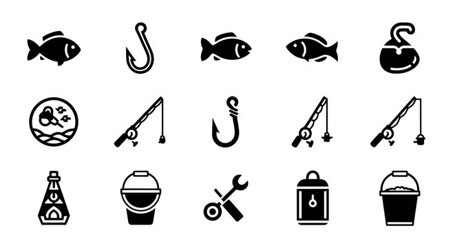 Set of black vector icons depicting fishing gear, tools, and everyday objects for UI design and graphic resources.