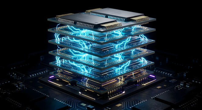 High-Tech 3D Render of Stacked DRAM Memory Chips with Glowing Blue Electrical Connections