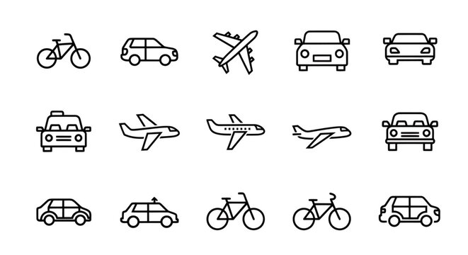 Collection of simple vehicle icons featuring bicycles, cars, planes, and other transport silhouettes.