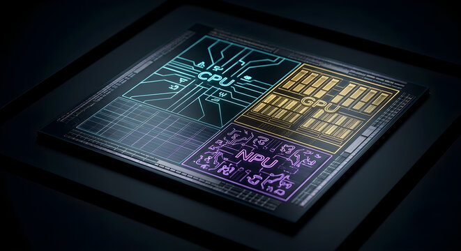Futuristic System on Chip (SoC) 3D Render with Glowing CPU, GPU, and NPU Architecture on Dark Background