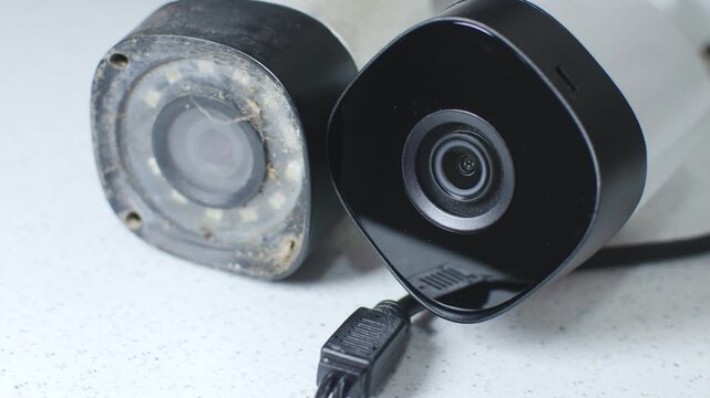 Security Camera - Detail of an old and modern security circuit camera, side by side on a white background, representing the evolution of surveillance.