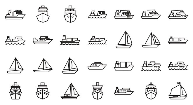 Collection of multiple outline boat icons including yachts ships sailboats and barges for travel design elements.