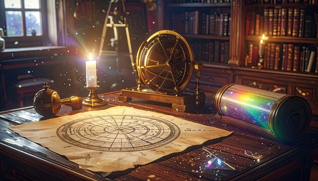 Alchemist desk with star chart and brass astrolabe