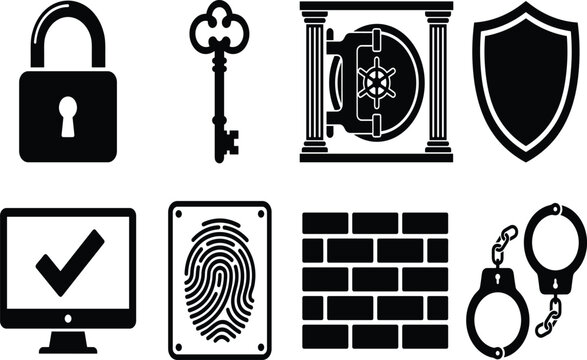 Set of data security, privacy protection, and biometric system verification black vector icons isolated on white background