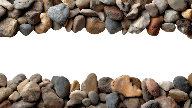 Pebble stone border frame with natural rock texture on transparency background