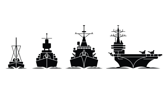 A set of seven black and white silhouettes of naval ships are displayed