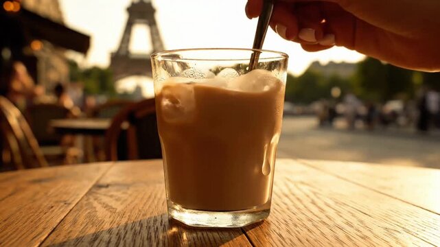 Iced coffee on table with Eiffel Tower background.