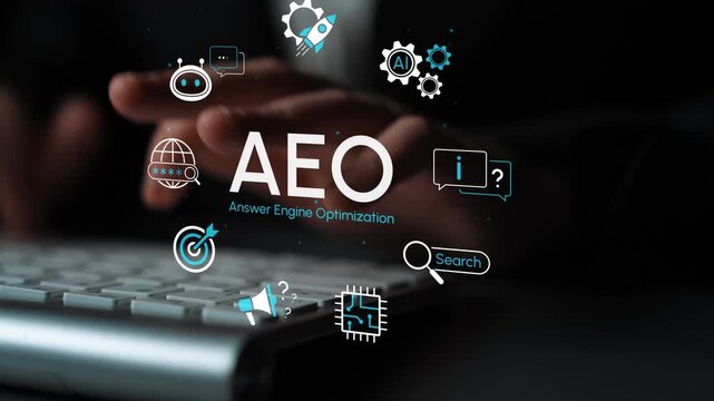 Concept of Answer Engine Optimization AEO with Digital Icons Representing Artificial Intelligence and Future Technologies in Modern Business Context. Entropy.