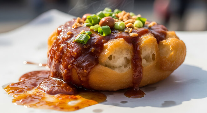 Steaming fried pastry with savory sauce and chopped peanuts during daytime outdoors