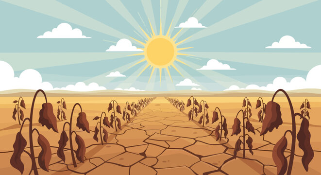 A desolate landscape under a scorching sun, with parched earth and withered plants, depicting the harsh realities of drought and extreme heat