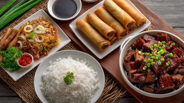 Asian dinner spread with fried rice and meat
