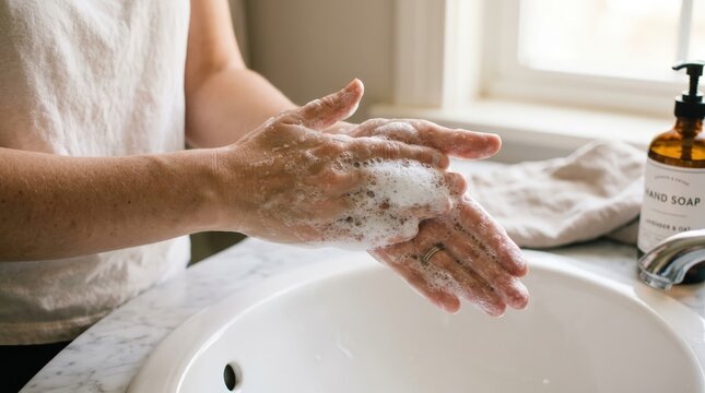 Person washing hands with soapy lather over white bathroom basin