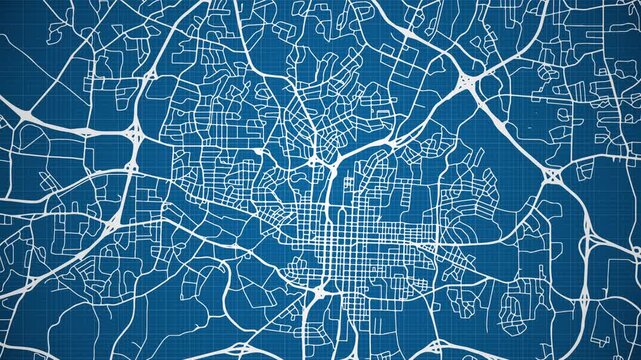 Ink reveal animation of Raleigh city, North Carolina (NC), United States of America, grid map. Aerial top view. Blueprint style. White lines with blue background. 4K Seamless loop.