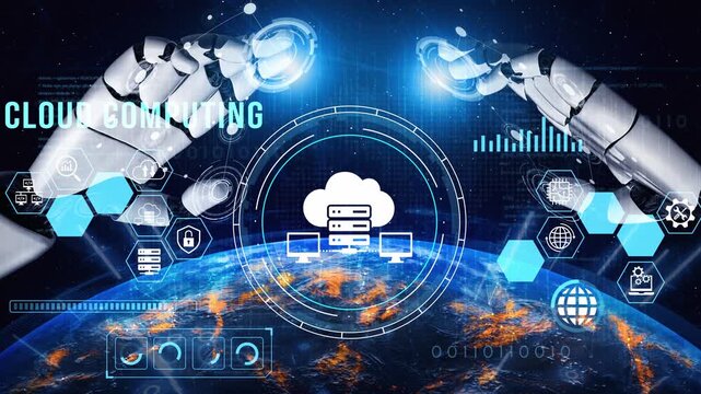 Futuristic Robots Interacting with Cloud Computing Networks Over a Global Landscape, Symbolizing Digital Transformation and Technological Advancements. Entropy.