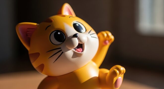 Cute cartoon cat figurine waving hello with a happy expression.