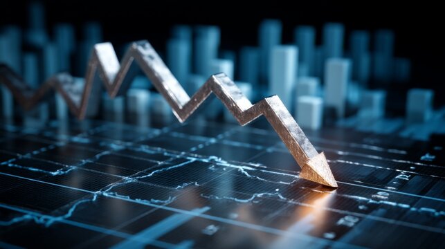 Financial Market Decline with Graph Showing Decrease in Value Over Time and Trend Arrow on Digital Background for Economic Analysis and Business Insights