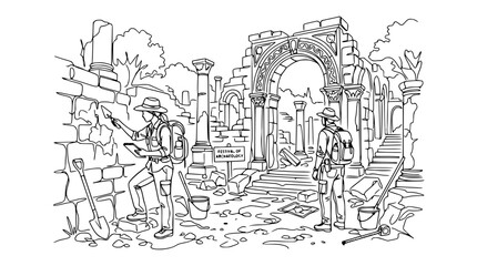 Obraz premium Archaeologists excavating ancient ruins, uncovering historical artifacts and structures.