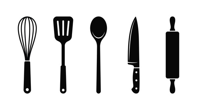 Black kitchen utensils icons on white