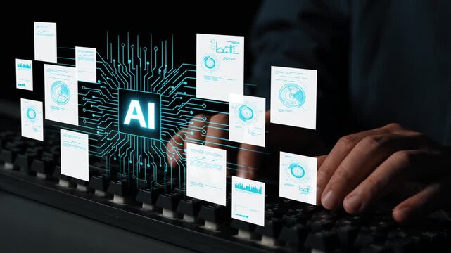 Close-Up of Hands Typing on Keyboard with AI Visualizations and Data Analysis Elements in a Digital Environment. Entropy.