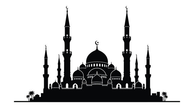 Black silhouette of a mosque with minarets