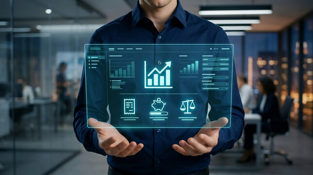Professional Male Holding Futuristic Holographic Financial Interface with Data Analytics and Growth Graphs in a Corporate Office Setting at Night