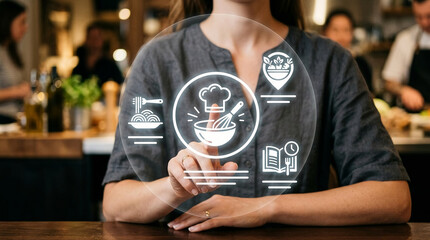Obraz premium Futuristic Smart Kitchen Technology Concept with Woman Interacting with Digital Culinary Icons for Meal Planning and Online Food Ordering