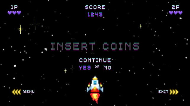 Pixel Art Retro Video Game Continue Screen Background with Insert Coins Text and Spaceship