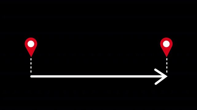 Minimal GPS Navigation Route Animation with Location pins and Direction Arrow on transparent background