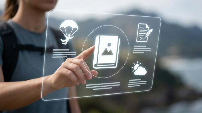 Woman hiker using futuristic transparent digital interface to plan travel adventures, view photo albums, and check weather updates in nature.