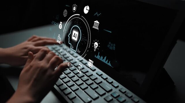 Hands Typing on a Keyboard with Artificial Intelligence Icons and Digital Data Analysis Elements Displayed on a Laptop Screen in a Modern Workspace. Entropy.